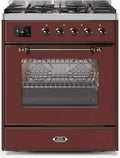 ILVE 30" Majestic II Series Gas Burner and Electric Oven Range with 5 Sealed Burners (UM30DNE3) - Burgundy with Bronze Trim