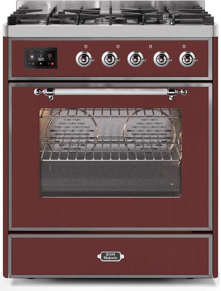 ILVE 30" Majestic II Series Gas Burner and Electric Oven Range with 5 Sealed Burners (UM30DNE3) - Burgundy with Chrome Trim