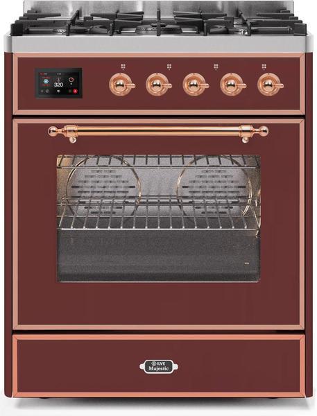 ILVE 30" Majestic II Series Gas Burner and Electric Oven Range with 5 Sealed Burners (UM30DNE3) - Burgundy with Copper trim