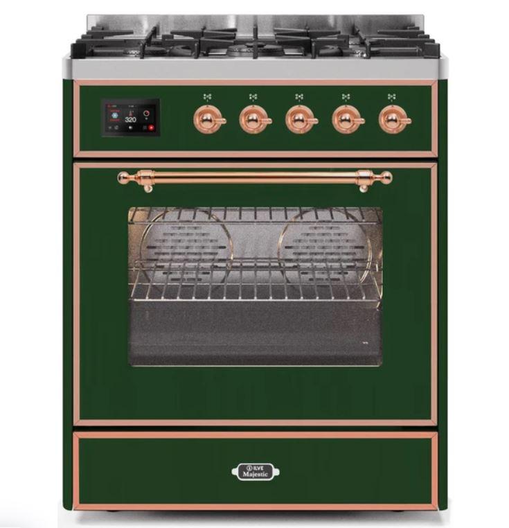 ILVE 30" Majestic II Series Gas Burner and Electric Oven Range with 5 Sealed Burners (UM30DNE3) - Emerald Green with Copper Trim