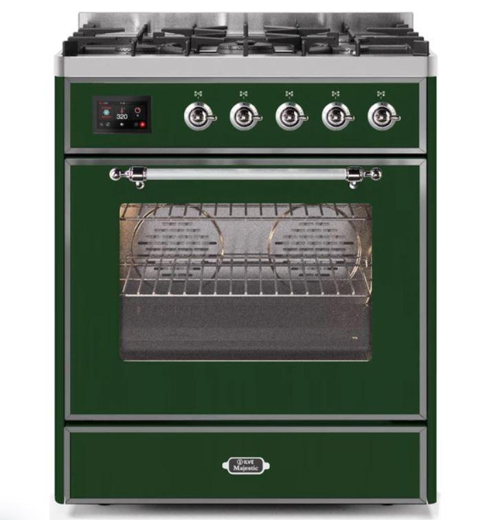 ILVE 30" Majestic II Series Gas Burner and Electric Oven Range with 5 Sealed Burners (UM30DNE3) - Emerald Green with Chrome Trim