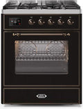 ILVE 30" Majestic II Series Gas Burner and Electric Oven Range with 5 Sealed Burners - Glossy Black with Bronze Trim