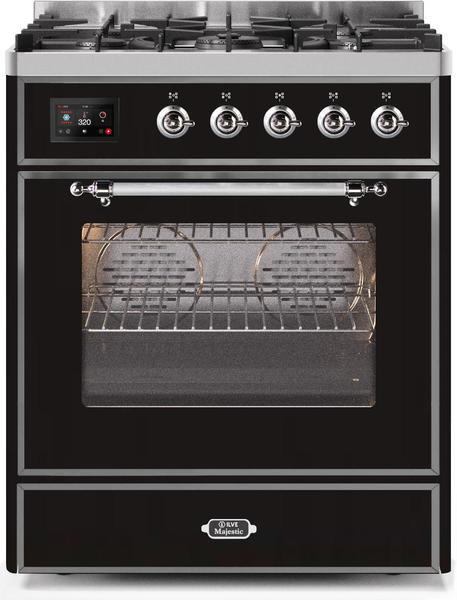 ILVE 30" Majestic II Series Gas Burner and Electric Oven Range with 5 Sealed Burners (UM30DNE3) - Glossy Black with Chrome Trim