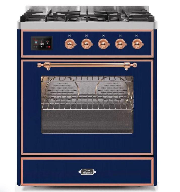 ILVE 30" Majestic II Series Gas Burner and Electric Oven Range with 5 Sealed Burners (UM30DNE3) - Midnight Blue with Copper Trim
