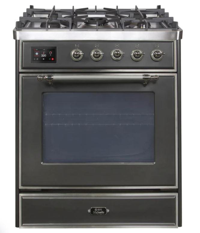 ILVE 30" Majestic II Series Gas Burner and Electric Oven Range with 5 Sealed Burners (UM30DNE3) - Matte Graphite with Chrome Trim