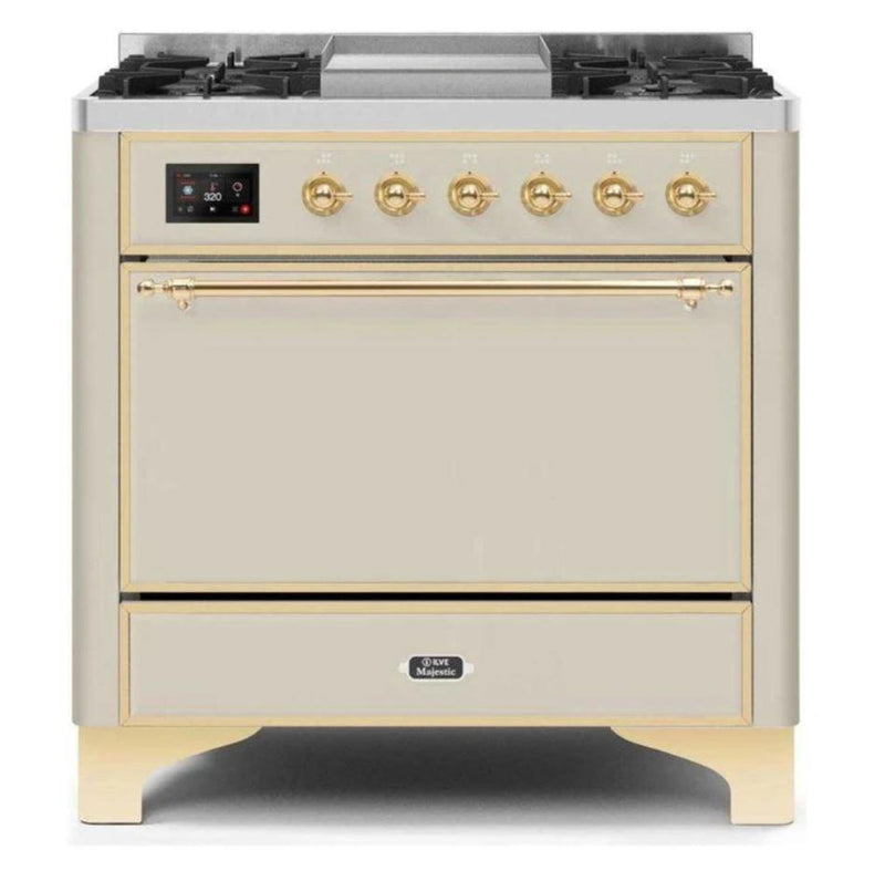 ILVE 36 Inch Majestic II Series Natural/ Propane Gas Burner and Electric Oven Range with 6 Sealed Burners (UM09FDQNS3) - Antique White with Brass Trim