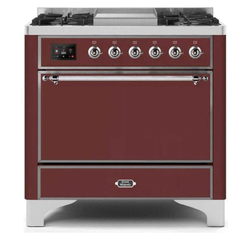 ILVE 36 Inch Majestic II Series Natural/ Propane Gas Burner and Electric Oven Range with 6 Sealed Burners (UM09FDQNS3) - Burgundy with Chrome Trim