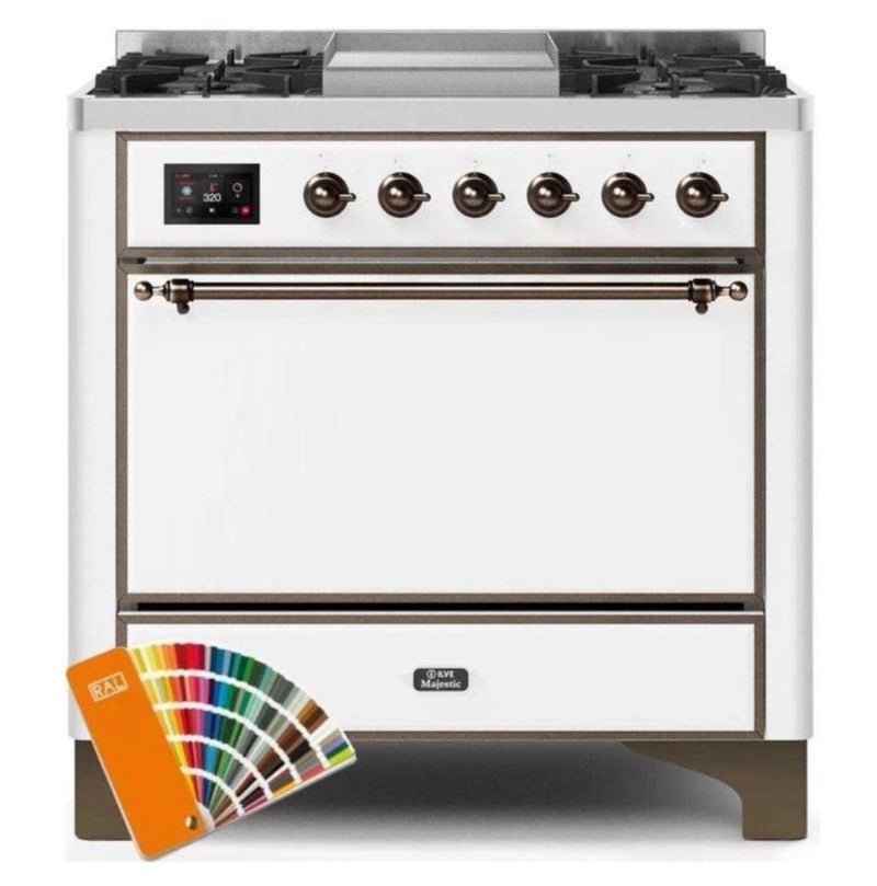 ILVE 36 Inch Majestic II Series Natural/ Propane Gas Burner and Electric Oven Range with 6 Sealed Burners (UM09FDQNS3) - Custom RAL Color with Bronze Trim