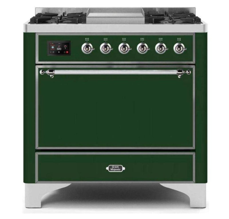 ILVE 36 Inch Majestic II Series Natural/ Propane Gas Burner and Electric Oven Range with 6 Sealed Burners (UM09FDQNS3) - Emerald Green with Chrome Trim