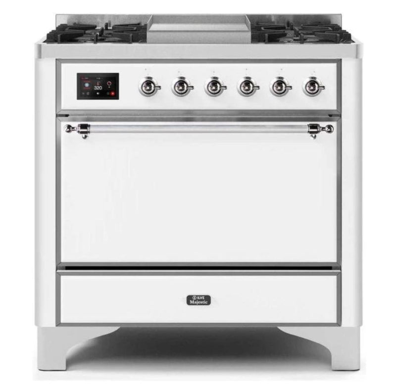 ILVE 36 Inch Majestic II Series Natural/ Propane Gas Burner and Electric Oven Range with 6 Sealed Burners (UM09FDQNS3) - White with Chrome Trim