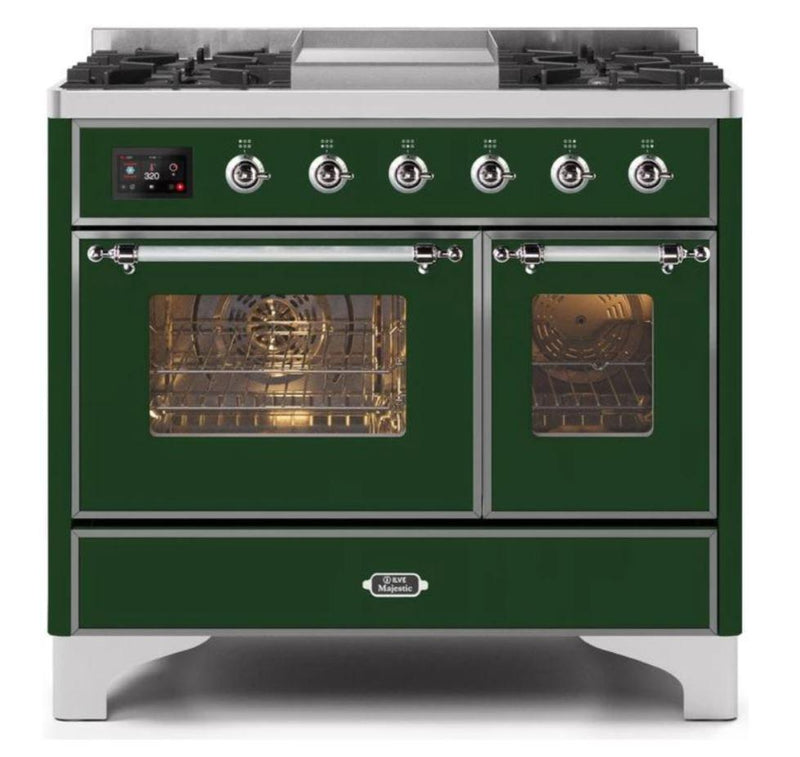 ILVE 40 Inch Majestic II Series Natural Gas/ Propane Gas Burner and Electric Oven with 6 Sealed Burners (UMD10FDNS3) - Emerald Green with Chrome Trim