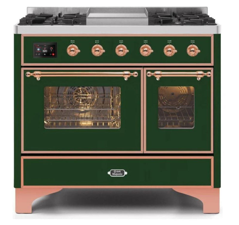 ILVE 40 Inch Majestic II Series Natural Gas/ Propane Gas Burner and Electric Oven with 6 Sealed Burners (UMD10FDNS3) - Emerald Green with Copper Trim