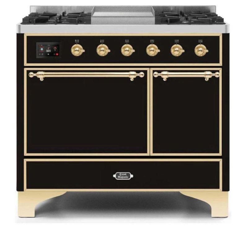 ILVE 40 Inch Majestic II Series Natural/ Propane Gas Burner and Electric Oven Range with 6 Sealed Burners (UMD10FDQNS3) - Glossy Black with Brass Trim