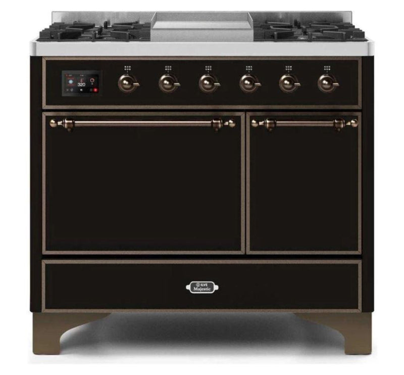 ILVE 40 Inch Majestic II Series Natural/ Propane Gas Burner and Electric Oven Range with 6 Sealed Burners (UMD10FDQNS3) - Glossy Black with Bronze Trim
