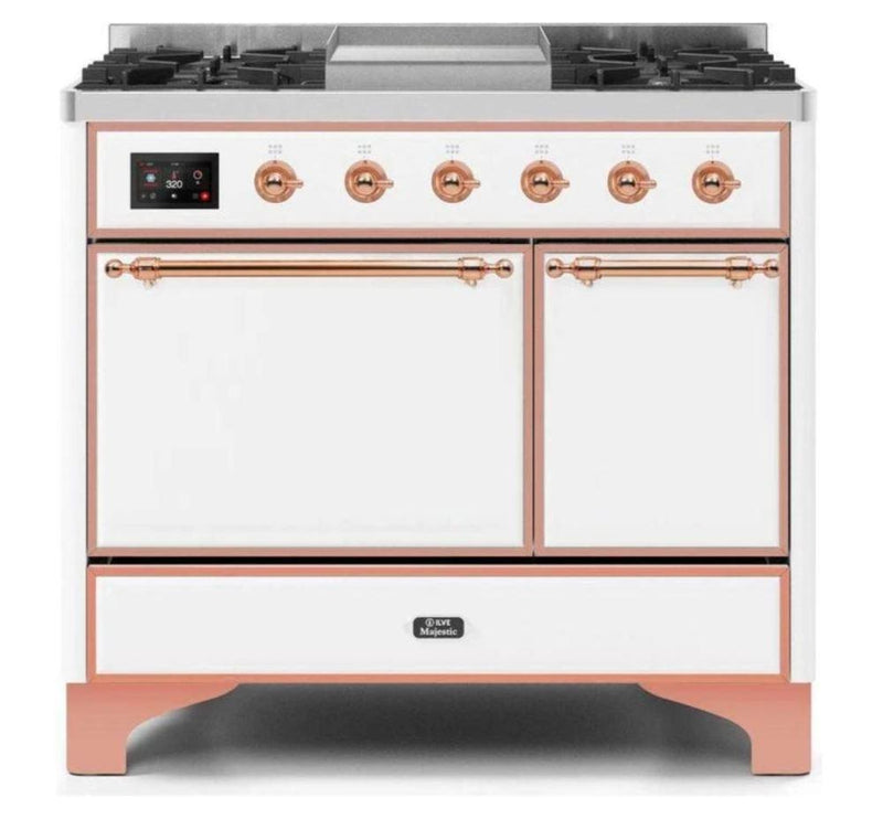 ILVE 40 Inch Majestic II Series Natural/ Propane Gas Burner and Electric Oven Range with 6 Sealed Burners (UMD10FDQNS3) - White with Copper Trim