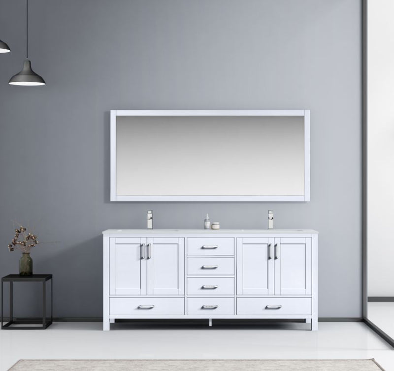 Jacques 72" White Double Vanity, White Carrara Marble Top, White Square Sinks and 70" Mirror LJ342272DADSM70