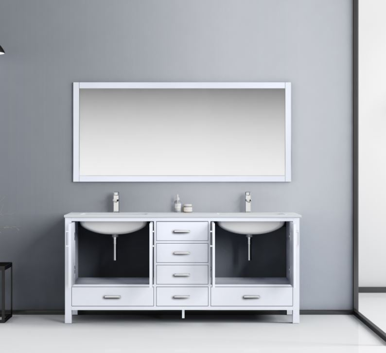 Jacques 72" White Double Vanity, White Carrara Marble Top, White Square Sinks and 70" Mirror LJ342272DADSM70