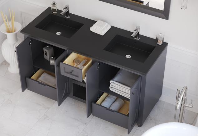 Laviva Odyssey 60" Maple Grey Double Sink Bathroom Vanity with Matte Black VIVA Stone Solid Surface Countertop 313613-60G-MB
