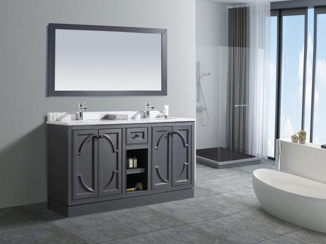 Laviva Odyssey 60" Maple Grey Double Sink Bathroom Vanity with White Stripes Marble Countertop 313613-60G-WS