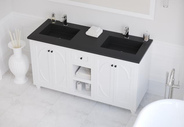 Laviva Odyssey 60" White Double Sink Bathroom Vanity with Matte Black VIVA Stone Solid Surface Countertop 313613-60W-MB