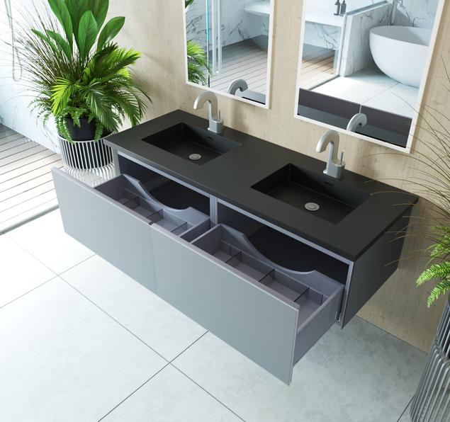 Laviva Vitri 60" Fossil Grey Double Sink Bathroom Vanity with VIVA Stone Matte Black Solid Surface Countertop 313VTR-60DFG-MB