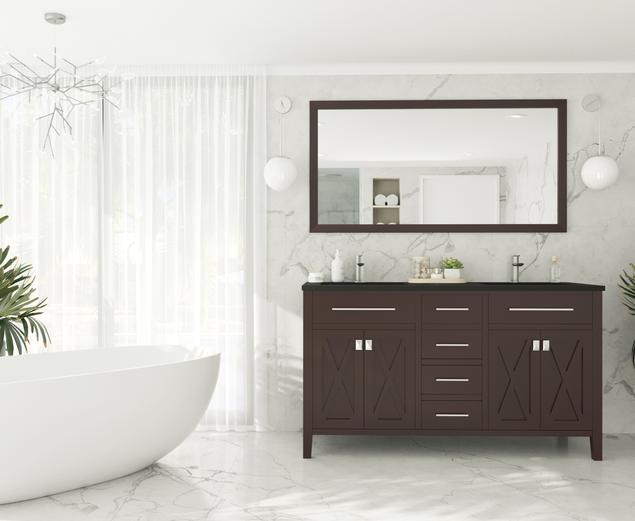 Laviva Wimbledon 60" Brown Double Sink Bathroom Vanity with Matte Black VIVA Stone Solid Surface Countertop 313YG319-60B-MB