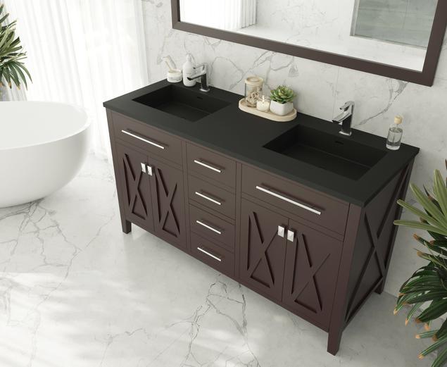 Laviva Wimbledon 60" Brown Double Sink Bathroom Vanity with Matte Black VIVA Stone Solid Surface Countertop 313YG319-60B-MB
