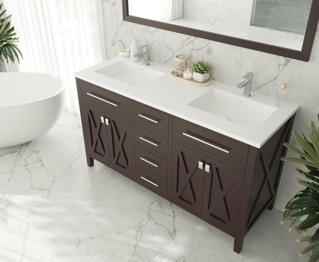 Laviva Wimbledon 60" Brown Double Sink Bathroom Vanity with Matte White VIVA Stone Solid Surface Countertop 313YG319-60B-MW