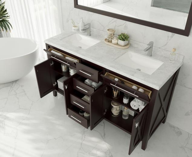 Laviva Wimbledon 60" Brown Double Sink Bathroom Vanity with Matte White VIVA Stone Solid Surface Countertop 313YG319-60B-MW
