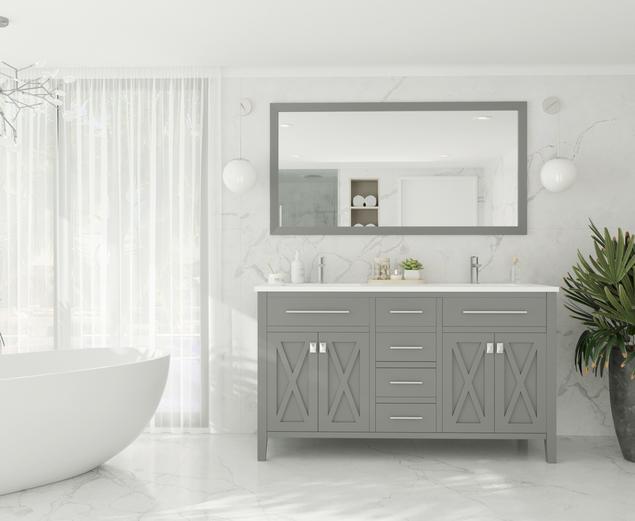 Laviva Wimbledon 60" Grey Double Sink Bathroom Vanity with Matte White VIVA Stone Solid Surface Countertop 313YG319-60G-MW