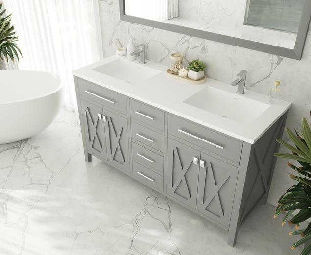Laviva Wimbledon 60" Grey Double Sink Bathroom Vanity with Matte White VIVA Stone Solid Surface Countertop 313YG319-60G-MW