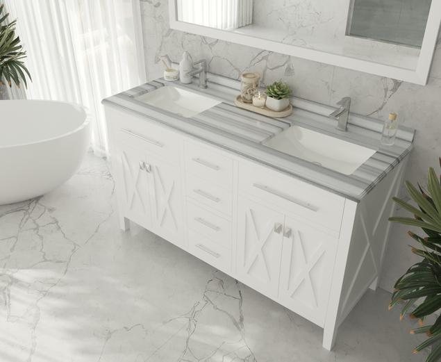 Laviva Wimbledon 60" White Double Sink Bathroom Vanity with White Stripes Marble Countertop 313YG319-60W-WS