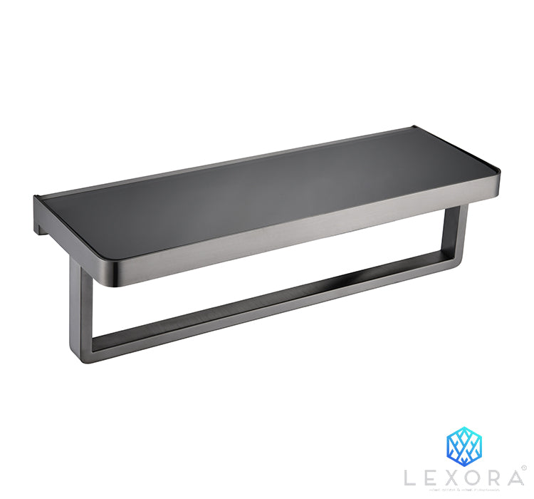 Lexora Bagno Bianca Stainless Steel Black Glass Shelf w/ Towel Bar - Gun Metal LST18152GM-BG