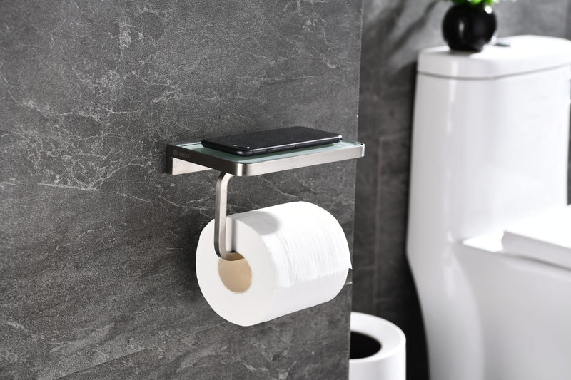 Lexora Bagno Bianca Stainless Steel White Glass Shelf w/ Toilet Paper Holder - Brushed Nickel LSP18152BN-WG