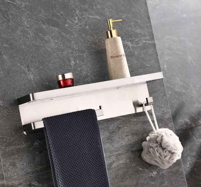Lexora Bagno Bianca Stainless Steel White Glass Shelf w/ Towel Bar & Robe Hook - Brushed Nickel LSTR18152BN-WG