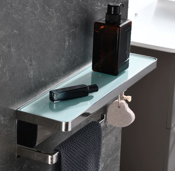 Lexora Bagno Bianca Stainless Steel White Glass Shelf w/ Towel Bar & Robe Hook - Chrome LSTR18152PC-WG