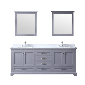 Lexora Dukes 80" Dark Grey Double Vanity, White Carrara Marble Top, White Square Sinks and 30" Mirrors LD342280DBDSM30