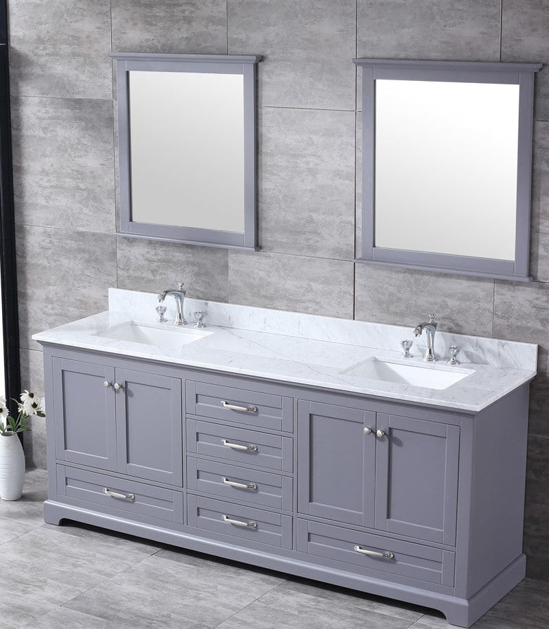 Lexora Dukes 80" Dark Grey Double Vanity, White Carrara Marble Top, White Square Sinks and 30" Mirrors LD342280DBDSM30