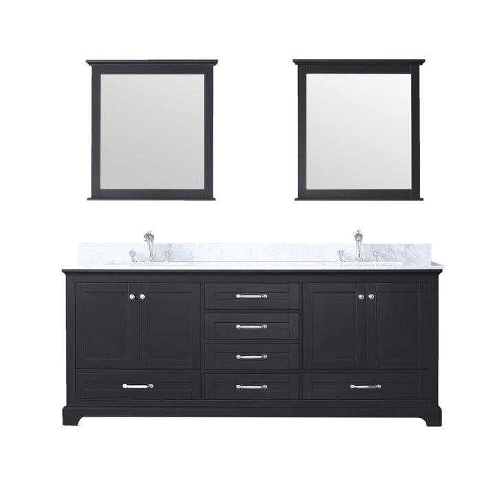 Lexora Dukes 80" Espresso Double Vanity, White Carrara Marble Top, White Square Sinks and 30" Mirrors LD342280DGDSM30
