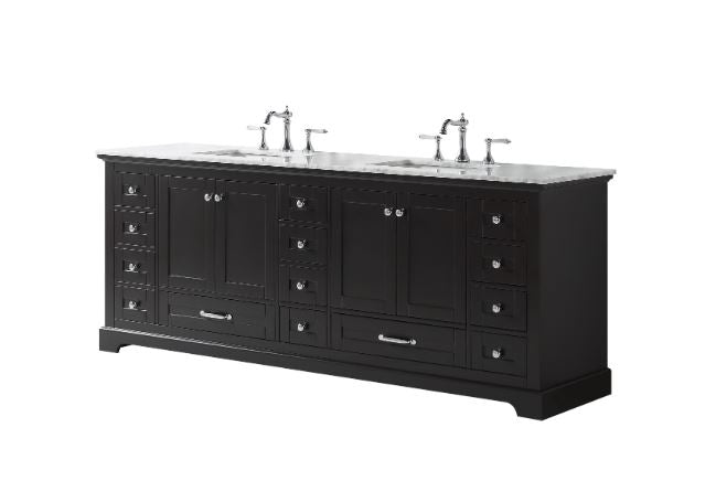 Lexora Dukes 84" Espresso Double Vanity, White Carrara Marble Top, White Square Sinks and no Mirror LD342284DGDS000