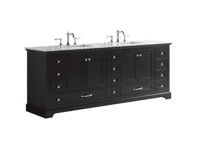 Lexora Dukes 84" Espresso Double Vanity, White Carrara Marble Top, White Square Sinks and no Mirror LD342284DGDS000