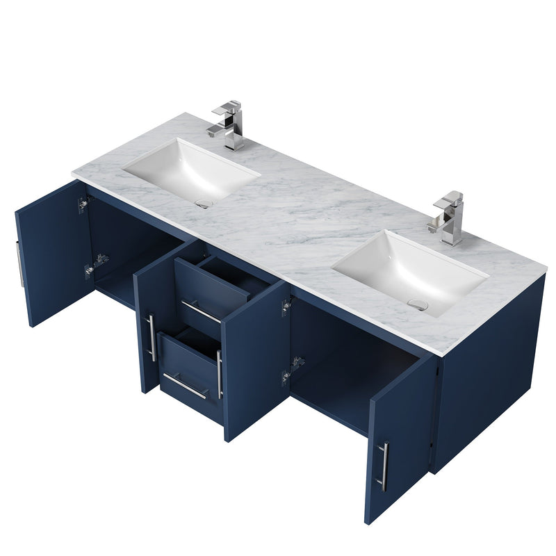 Lexora Geneva 60" Navy Blue Double Vanity, White Carrara Marble Top, White Square Sinks and 60" LED Mirror LG192260DEDSLM60