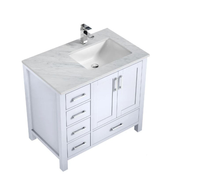 Lexora Jacques 36" White Single Vanity, Carrara Marble Top, White Square Sink and no Mirror - Right Version LJ342236SADS000-R