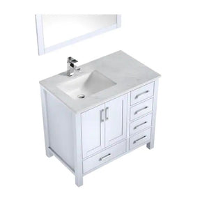 Lexora Jacques 36" White Single Vanity, White Carrara Marble Top, White Square Sink and 34" Mirror w/ Faucet - Left Version LJ342236SADSM34F-L