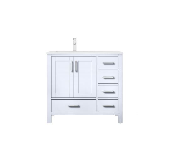 Lexora Jacques 36" White Single Vanity, White Carrara Marble Top, White Square Sink and no Mirror - Left Version LJ342236SADS000-L