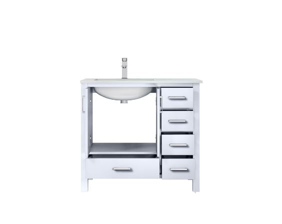 Lexora Jacques 36" White Single Vanity, White Carrara Marble Top, White Square Sink and no Mirror - Left Version LJ342236SADS000-L