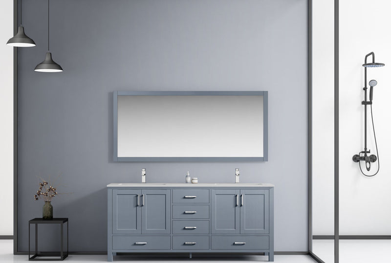 LexoraJacques 72" Dark Grey Double Vanity, White Carrara Marble Top, White Square Sinks and 70" Mirror LJ342272DBDSM70