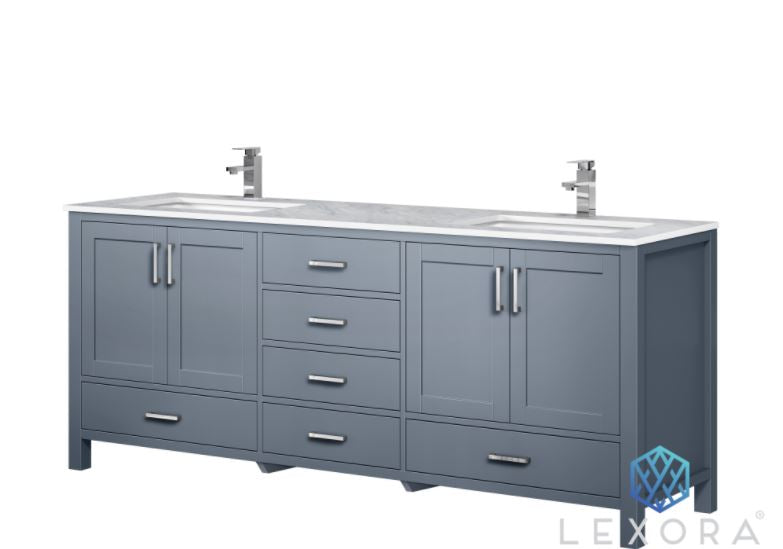 Lexora Jacques 80" Dark Grey Double Vanity, White Carrara Marble Top, White Square Sinks and no Mirror LJ342280DBDS000