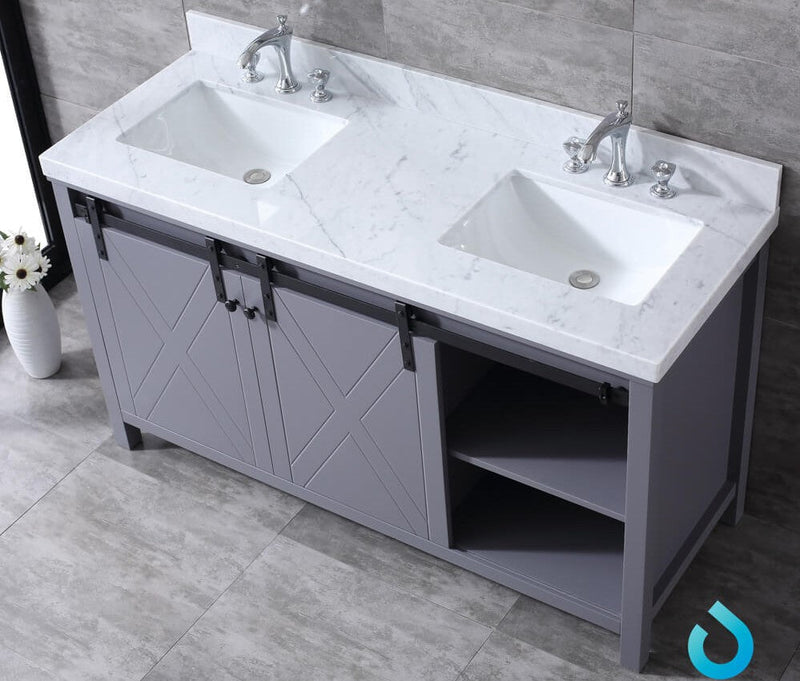 Lexora Marsyas 60" Dark Grey Double Vanity, White Carrara Marble Top, White Square Sinks and no Mirror LM342260DBBS000