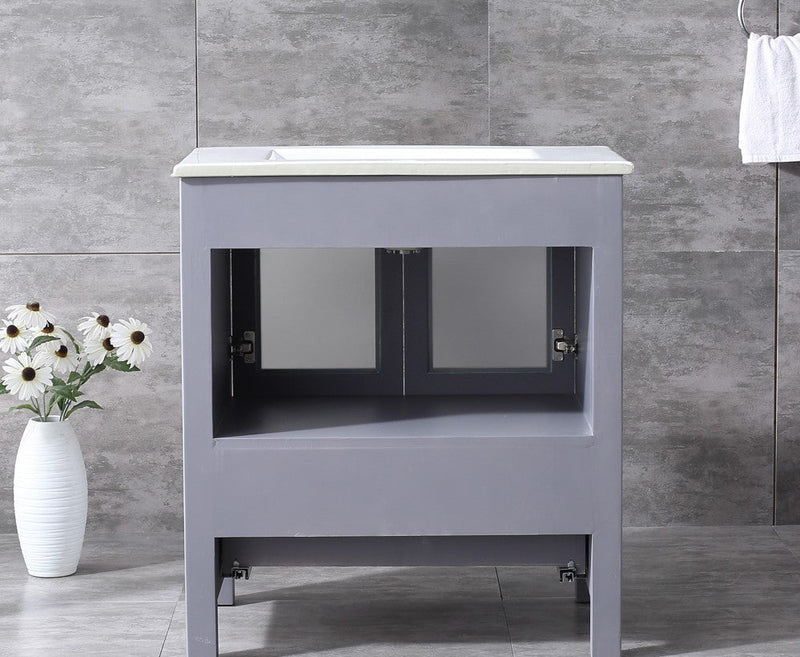 Lexora Volez 30" Dark Grey Single Vanity, Integrated Top, White Integrated Square Sink and 28" Mirror LV341830SBESM28